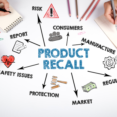 An infographic relating words together on product recalls with hands reaching over taking notes on paper