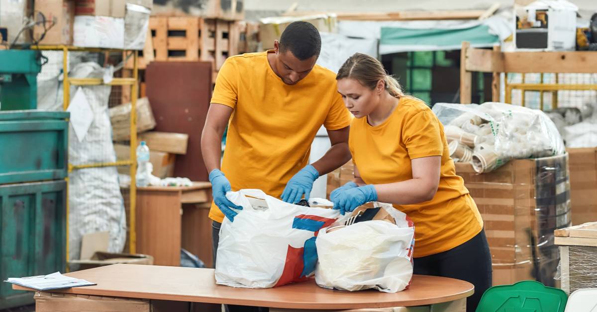 A man and a woman wearing orange shirt sifting through items in a trash bag after they’ve been discarded.