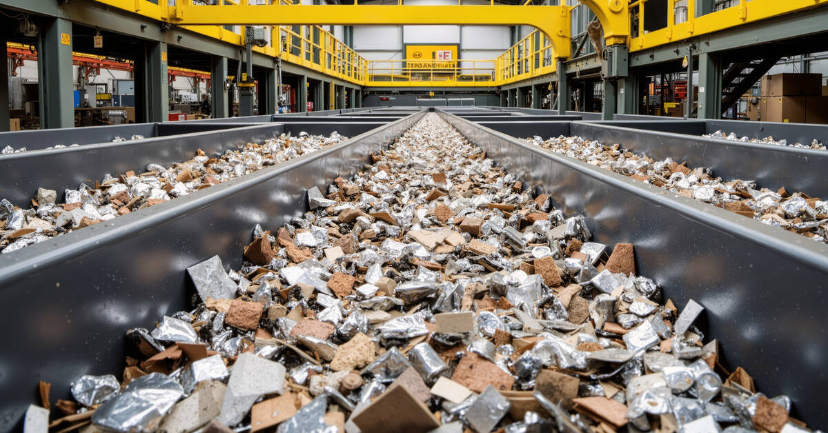 Piles of industrial waste on conveyor belts in a warehouse facility ready to be recycled or destroyed.