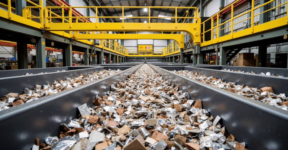 A large warehouse with a conveyor belt carrying old discarded electronics in the process of e-waste recycling.