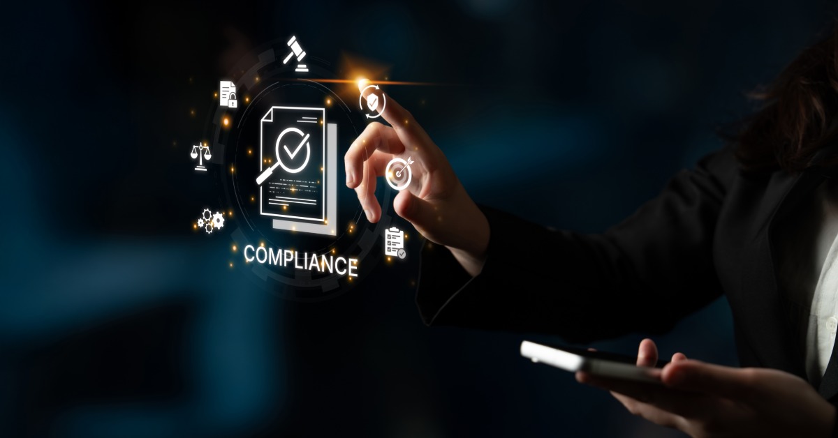 A person touching a digital graphic displaying symbols for legal compliance, document management, and targets.
