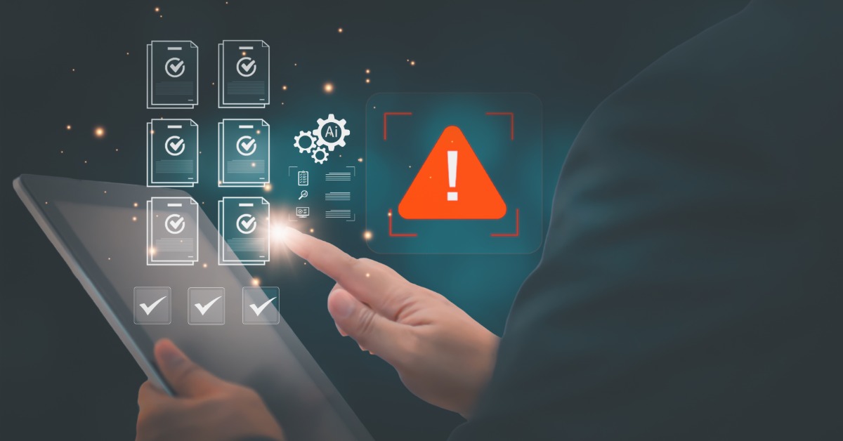 A person using a tablet. A digital graphic overlay depicts documents with checkmarks and a warning sign.