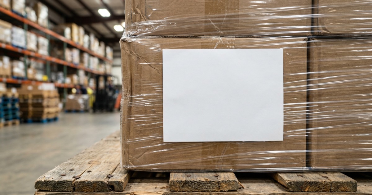 A stack of shrink-wrapped cardboard boxes on top of a wooden pallet. There is a white page taped to the outside.
