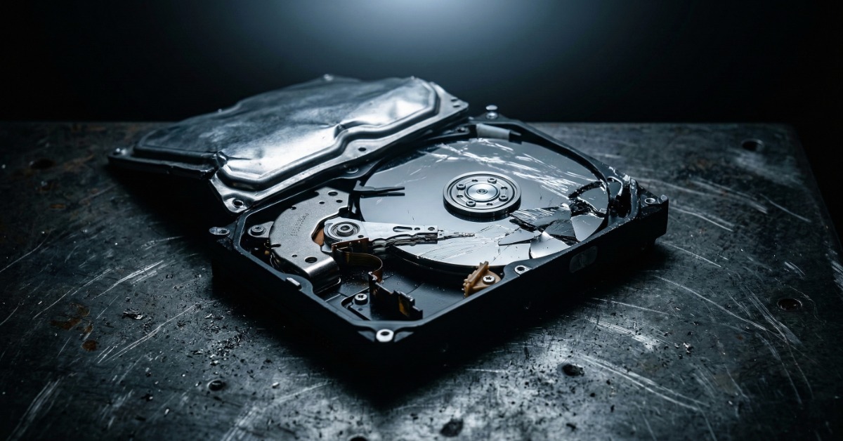 A shattered computer hard drive that is visibly broken but not fully destroyed and therefore still a risk for businesses.